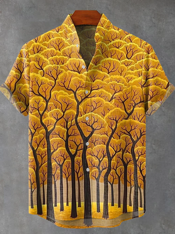 Vintage Abstract Tree Art Print Casual 100% Cotton Shirt
