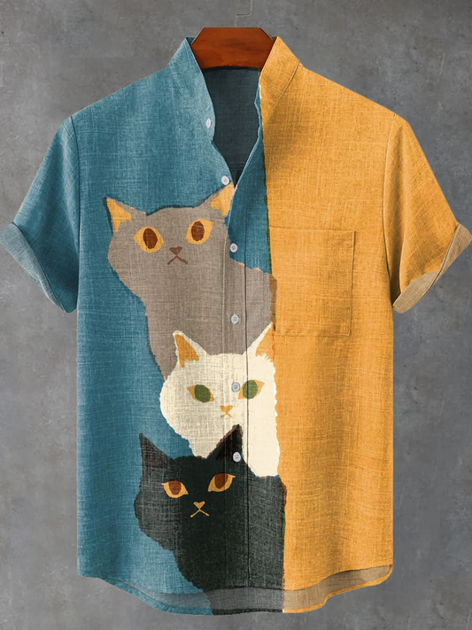 Three Cute Cats Vintage Print Casual 100% Cotton Shirt