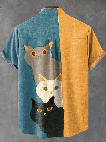 Three Cute Cats Vintage Print Casual 100% Cotton Shirt