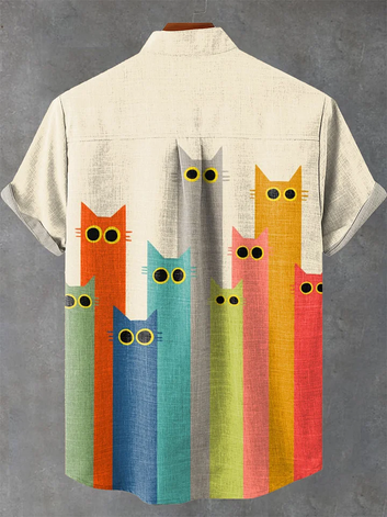 Cute Colorful Minimalistic Cat Art Vintage Print Casual 100% Cotton Shirt